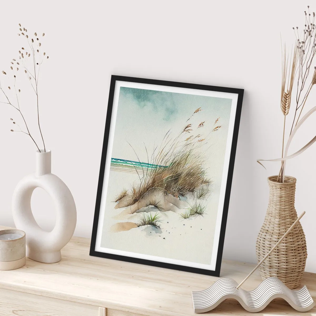 Poster in een zwarte lijst - Aquarelachtige duinen met gras aan een kalme zee - 50x70cm - Bedekt met zand - Moderne wanddecoratie voor woonkamer en slaapkamer ARTTOR
