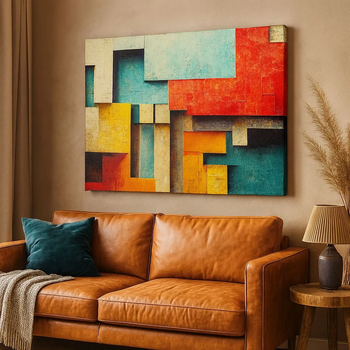 Schilderen op canvas - Abstracte geometrische vormen in levendige kleuren - 70x50cm - Festival van rechte hoeken - Moderne wanddecoratie voor woonkamer en slaapkamer ARTTOR