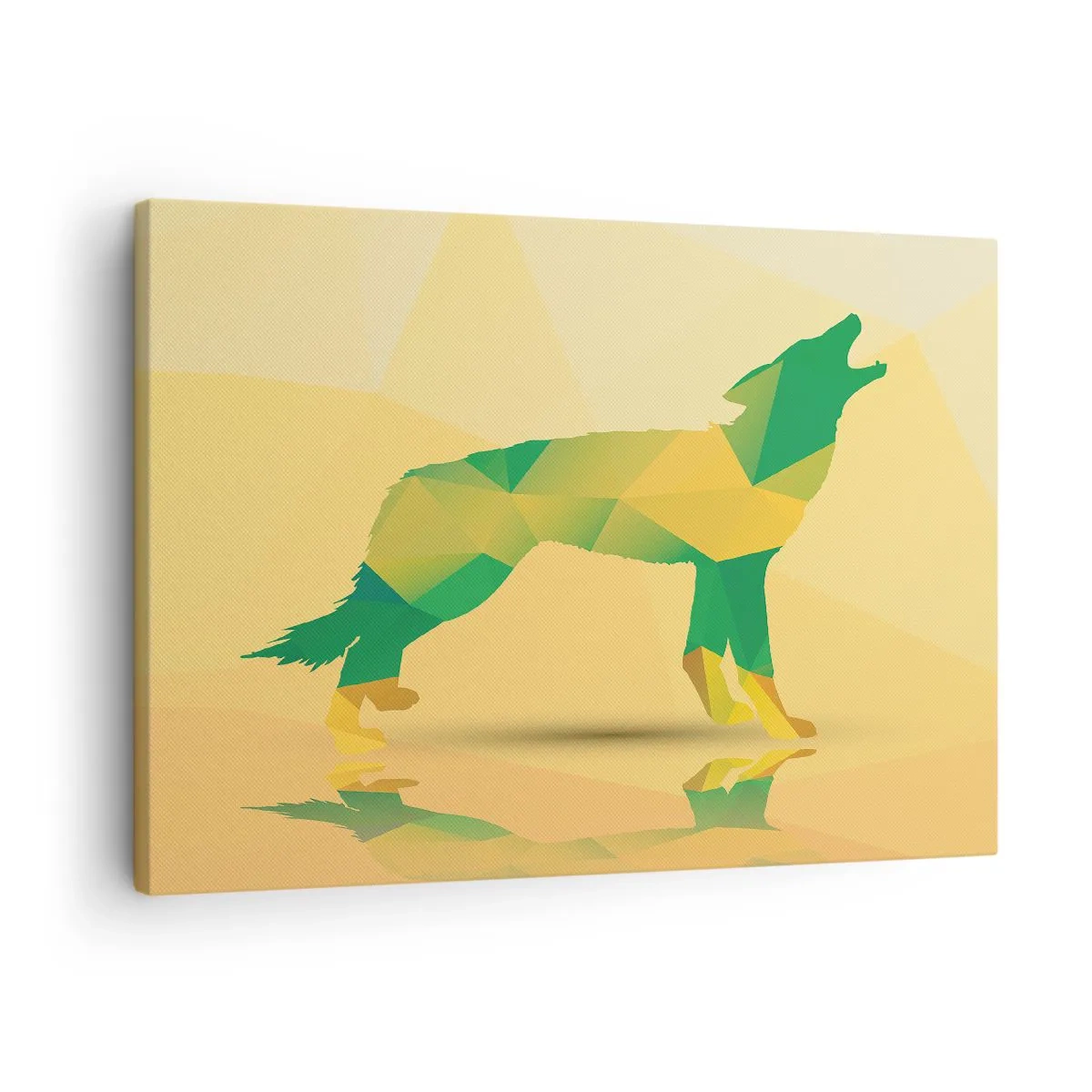 Schilderen op canvas - Geometrisch wolvensilhouet in groene en gele tinten - 70x50cm - Een eenzame wolf - Moderne wanddecoratie voor woonkamer en slaapkamer ARTTOR