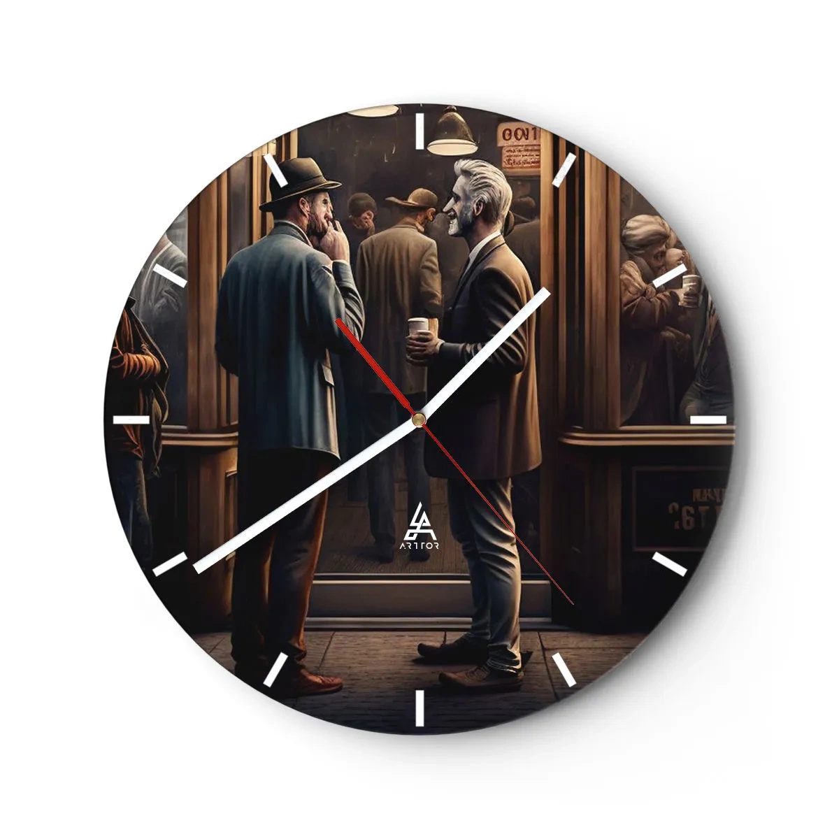 Wandklok - Klok - Twee mannen kletsen bij een kopje koffie voor een café - 30x30cm - Een goed moment van de dag - Moderne wanddecoratie voor woonkamer, keuken en slaapkamer ARTTOR