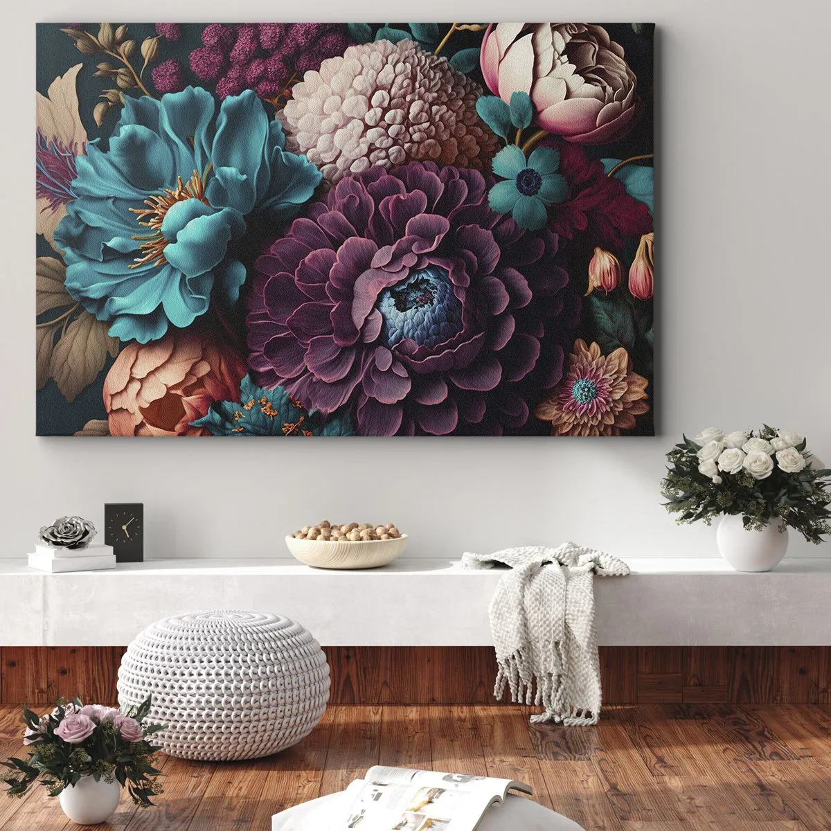 Schilderen op canvas - Een boeket bloemen in intense kleuren op een donkere achtergrond - 70x50cm - Natuur in overvloed - Moderne wanddecoratie voor woonkamer en slaapkamer ARTTOR