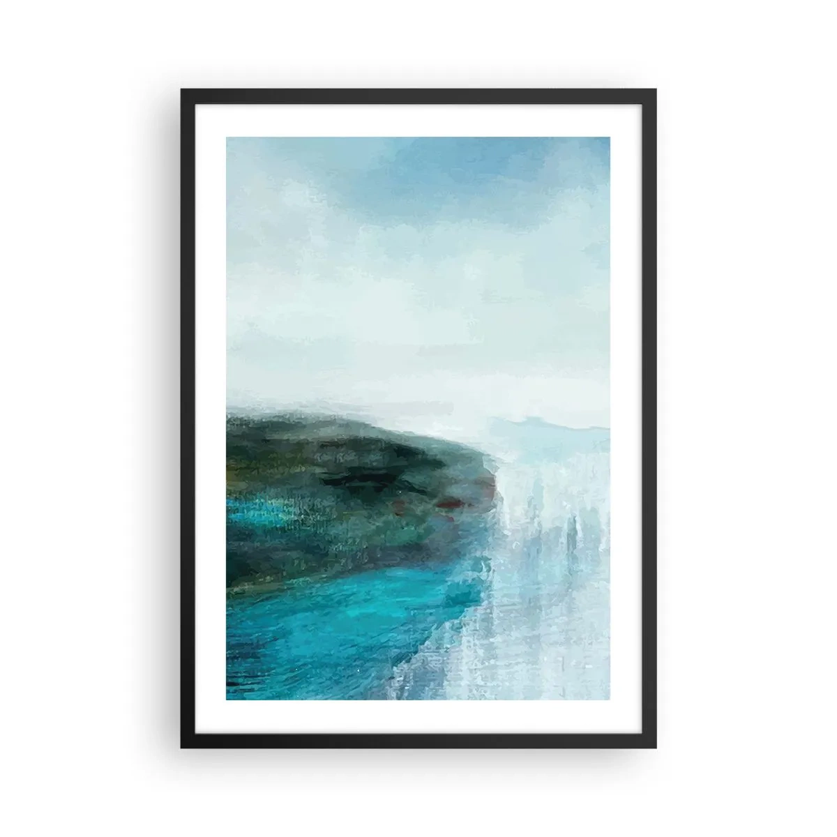 Poster in een zwarte lijst - Een schilderachtig landschap met een klif boven het water in verschillende blauwtinten. - 50x70cm - Nautische abstractie - Moderne wanddecoratie voor woonkamer en slaapkamer ARTTOR