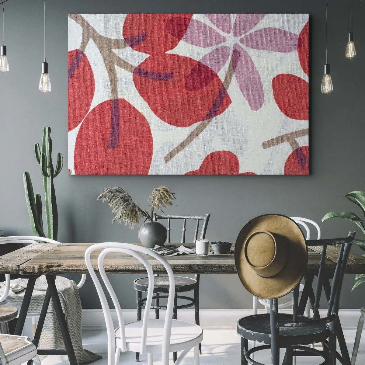 Schilderen op canvas - Bloemen en bladeren in tinten rood en roze - 70x50cm - Bloemstuk in roze - Moderne wanddecoratie voor woonkamer en slaapkamer ARTTOR