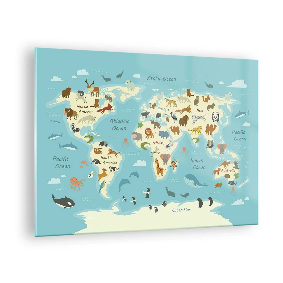 Schilderen op glas - Een kleurrijke wereldkaart met illustraties van dieren van verschillende continenten. - 70x50cm - Goede buren - Moderne wanddecoratie voor woonkamer en slaapkamer ARTTOR