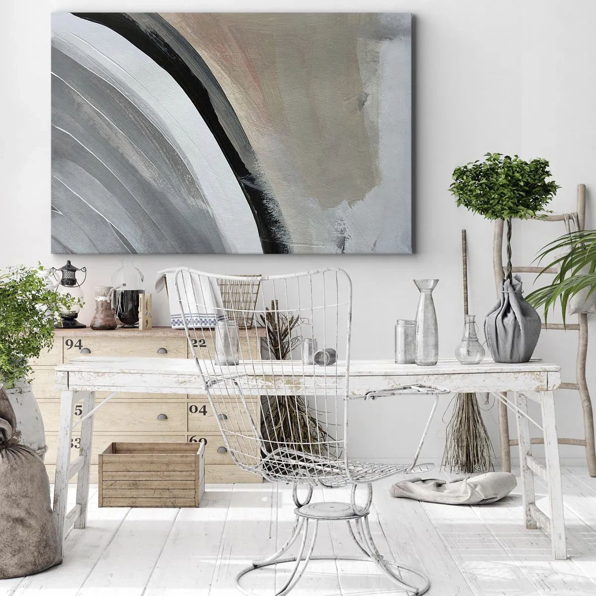 Schilderen op canvas - Abstracte boog in tinten zwart, grijs en beige - 70x50cm - Compositie: boog van zwart en grijs - Moderne wanddecoratie voor woonkamer en slaapkamer ARTTOR