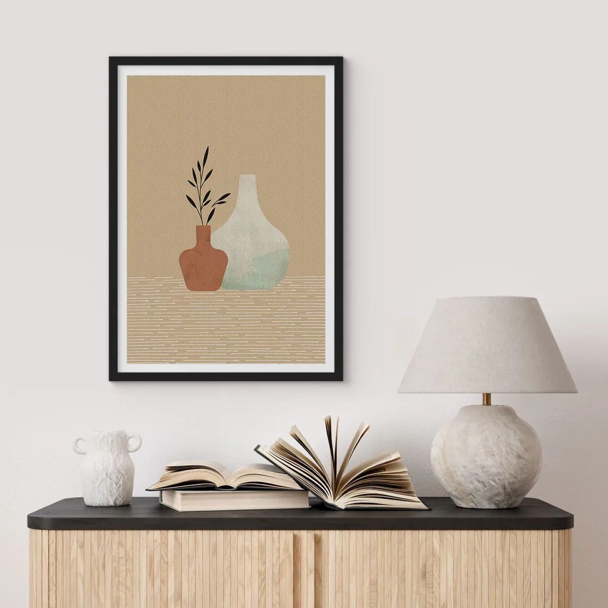 Poster in een zwarte lijst - Illustratie van keramische vazen in gedempte kleuren - 50x70cm - De vaas en zijn idee - Moderne wanddecoratie voor woonkamer en slaapkamer ARTTOR