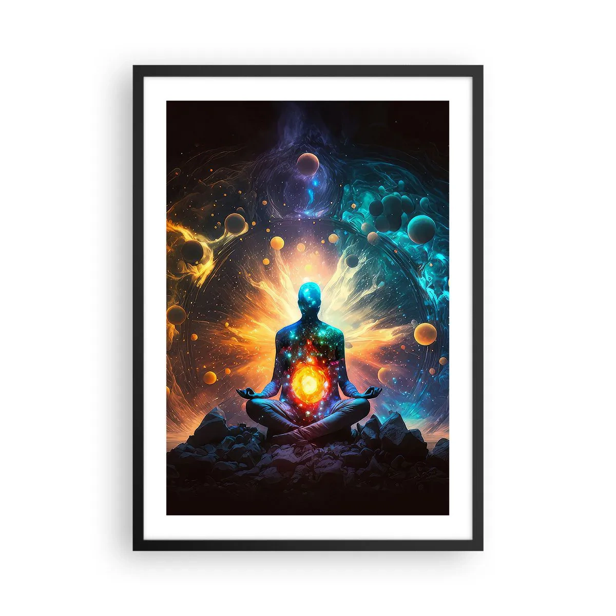 Poster in een zwarte lijst - Een mediterende figuur in een kosmische aura vol energie - 50x70cm - Kosmische vrede - Moderne wanddecoratie voor woonkamer en slaapkamer ARTTOR