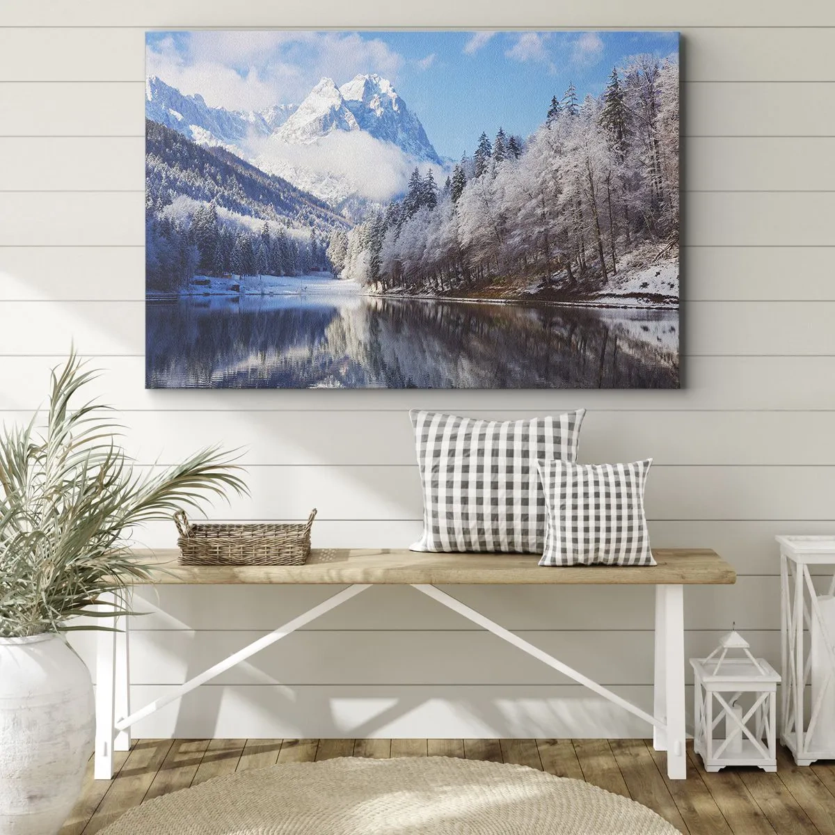 Schilderen op canvas - Winterberglandschap met besneeuwde bomen en een meer - 70x50cm - Sneuwwacht - Moderne wanddecoratie voor woonkamer en slaapkamer ARTTOR