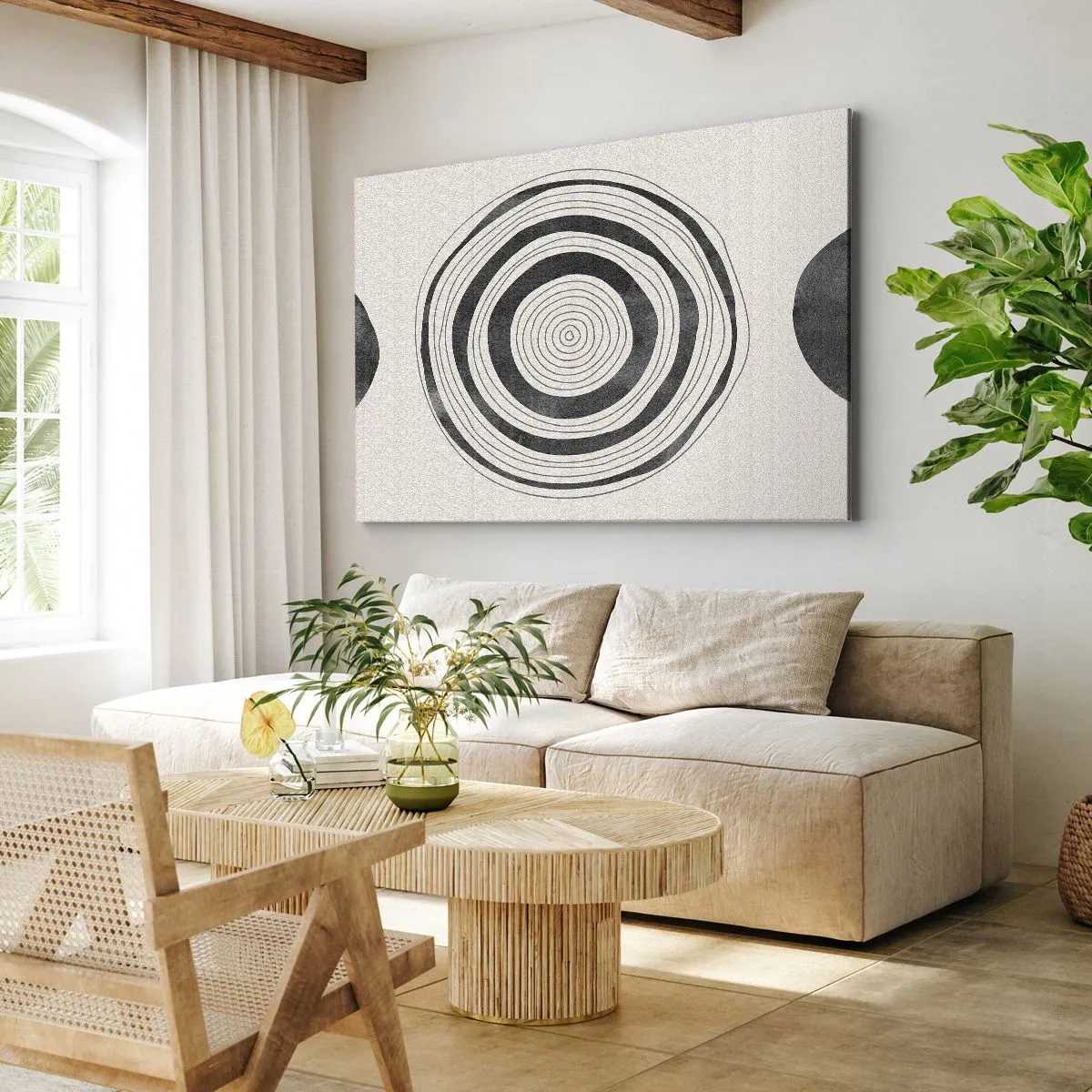 Schilderen op canvas - Minimalistische zwart-witte cirkels op een lichte achtergrond - 70x50cm - Wat belangrijk is, is wat er tussenin zit - Moderne wanddecoratie voor woonkamer en slaapkamer ARTTOR