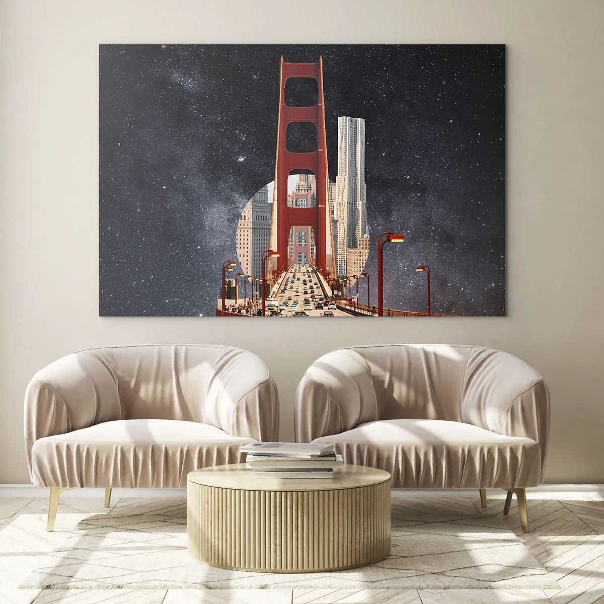 Schilderen op glas - Brug en wolkenkrabbers op een surrealistische sterrenstelselachtergrond - 70x50cm - Altijd in het centrum - Moderne wanddecoratie voor woonkamer en slaapkamer ARTTOR
