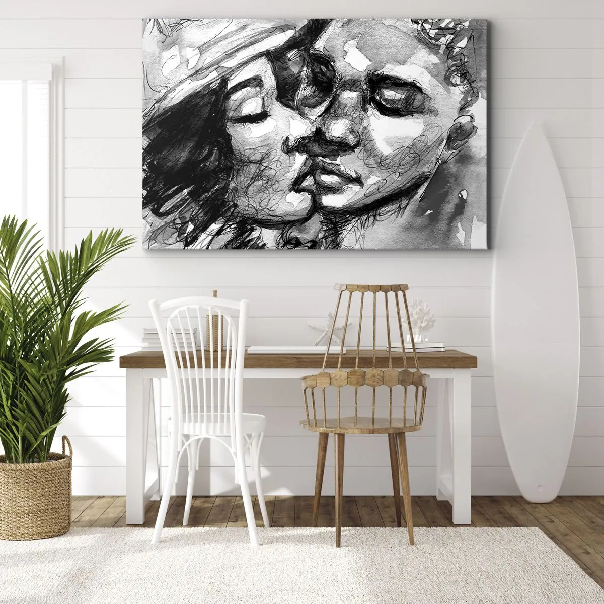 Schilderen op canvas - Een zwart-witte aquarel van een intiem moment tussen twee mensen. - 70x50cm - Een teder moment - Moderne wanddecoratie voor woonkamer en slaapkamer ARTTOR