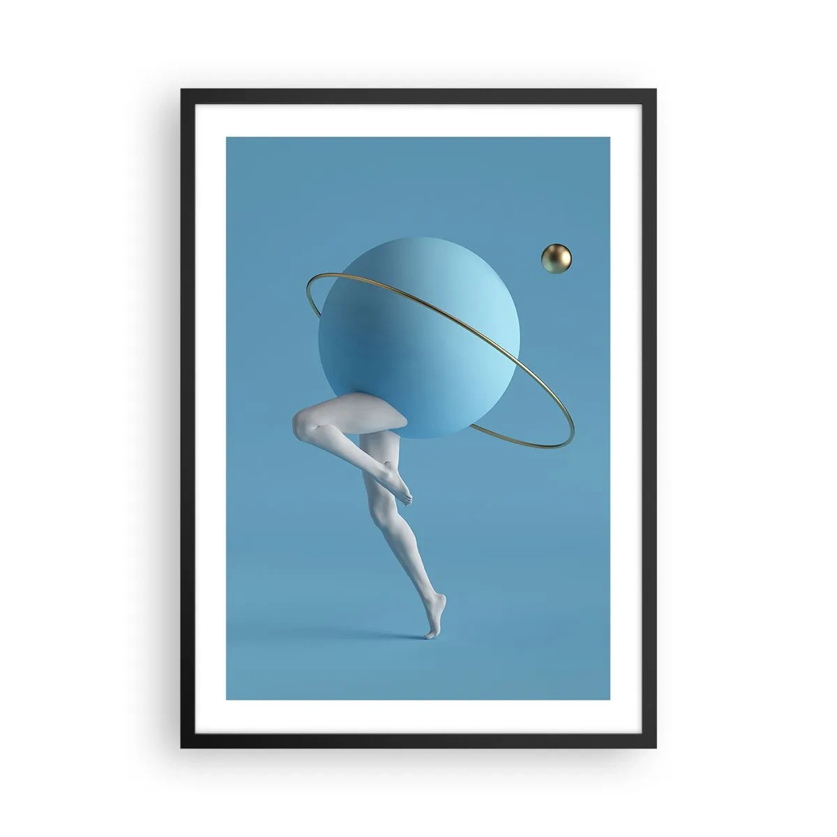 Poster in een zwarte lijst - Een figuur met een planeet als hoofd in een surrealistische compositie - 50x70cm - En de planeten zijn gek geworden - Moderne wanddecoratie voor woonkamer en slaapkamer ARTTOR