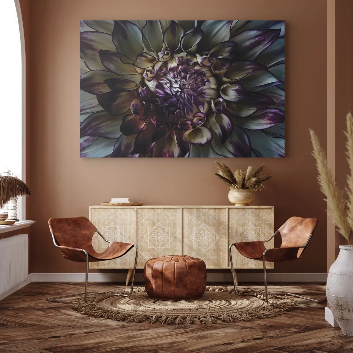 Schilderen op canvas - Close-up van een dahliabloem in donkere tinten - 70x50cm - De hoogtijdagen van de jeugd - Moderne wanddecoratie voor woonkamer en slaapkamer ARTTOR
