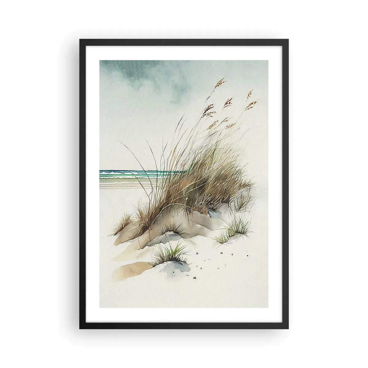 Poster in een zwarte lijst - Aquarelachtige duinen met gras aan een kalme zee - 50x70cm - Bedekt met zand - Moderne wanddecoratie voor woonkamer en slaapkamer ARTTOR