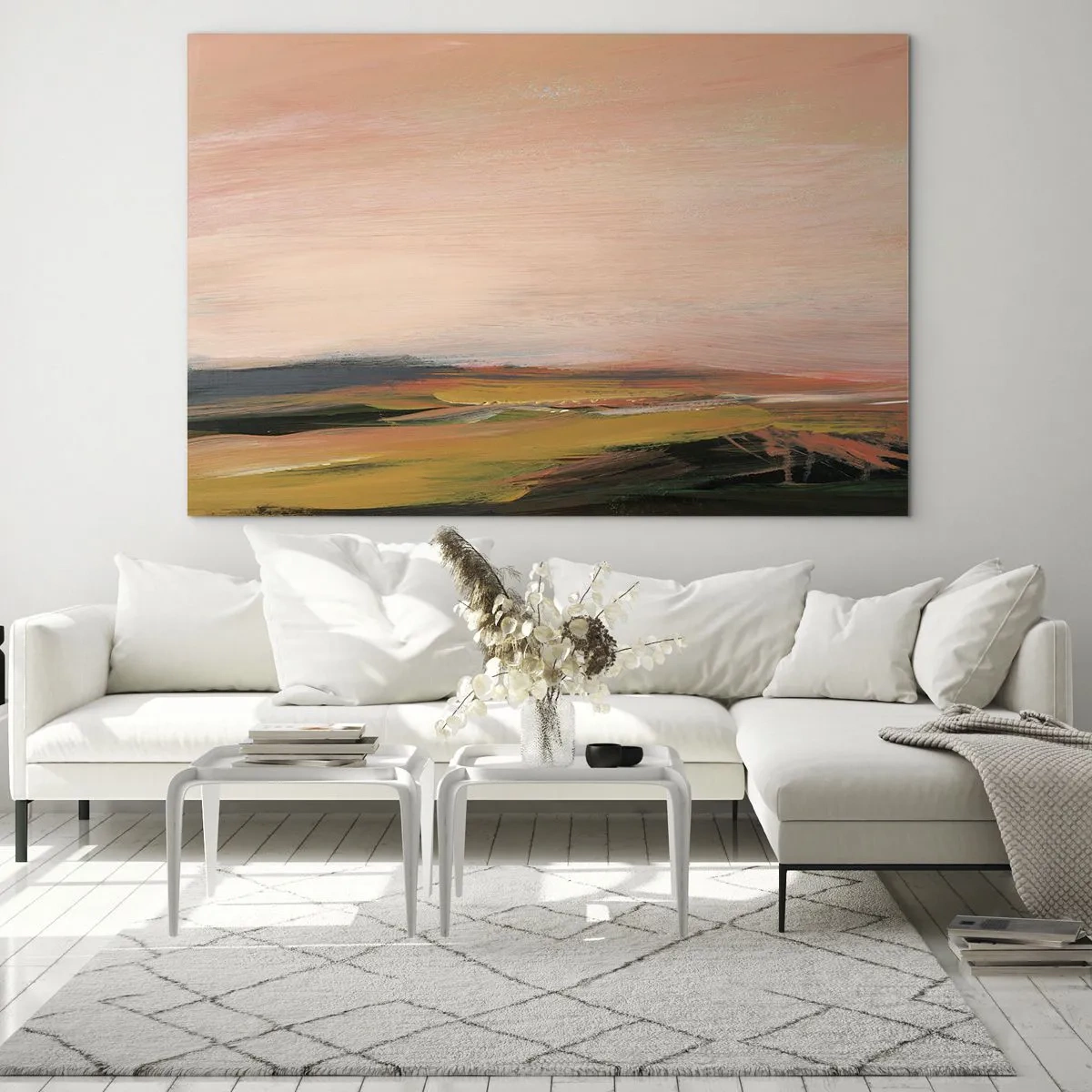 Schilderen op glas - Een abstract landschap in tinten roze en gebroken groen. - 70x50cm - In roze tinten - Moderne wanddecoratie voor woonkamer en slaapkamer ARTTOR