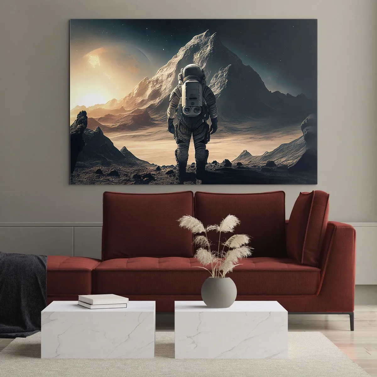 Schilderen op glas - Astronaut op een buitenaardse planeet met een bergachtig landschap - 70x50cm - Nieuwe uitdaging - Moderne wanddecoratie voor woonkamer en slaapkamer ARTTOR