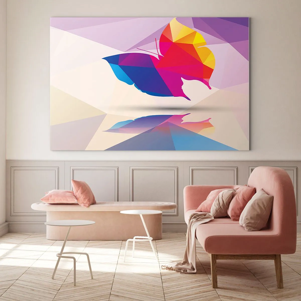 Schilderen op glas - Geometrische vlinder in heldere kleurrijke abstractie - 70x50cm - Vlinder regenboog - Moderne wanddecoratie voor woonkamer en slaapkamer ARTTOR