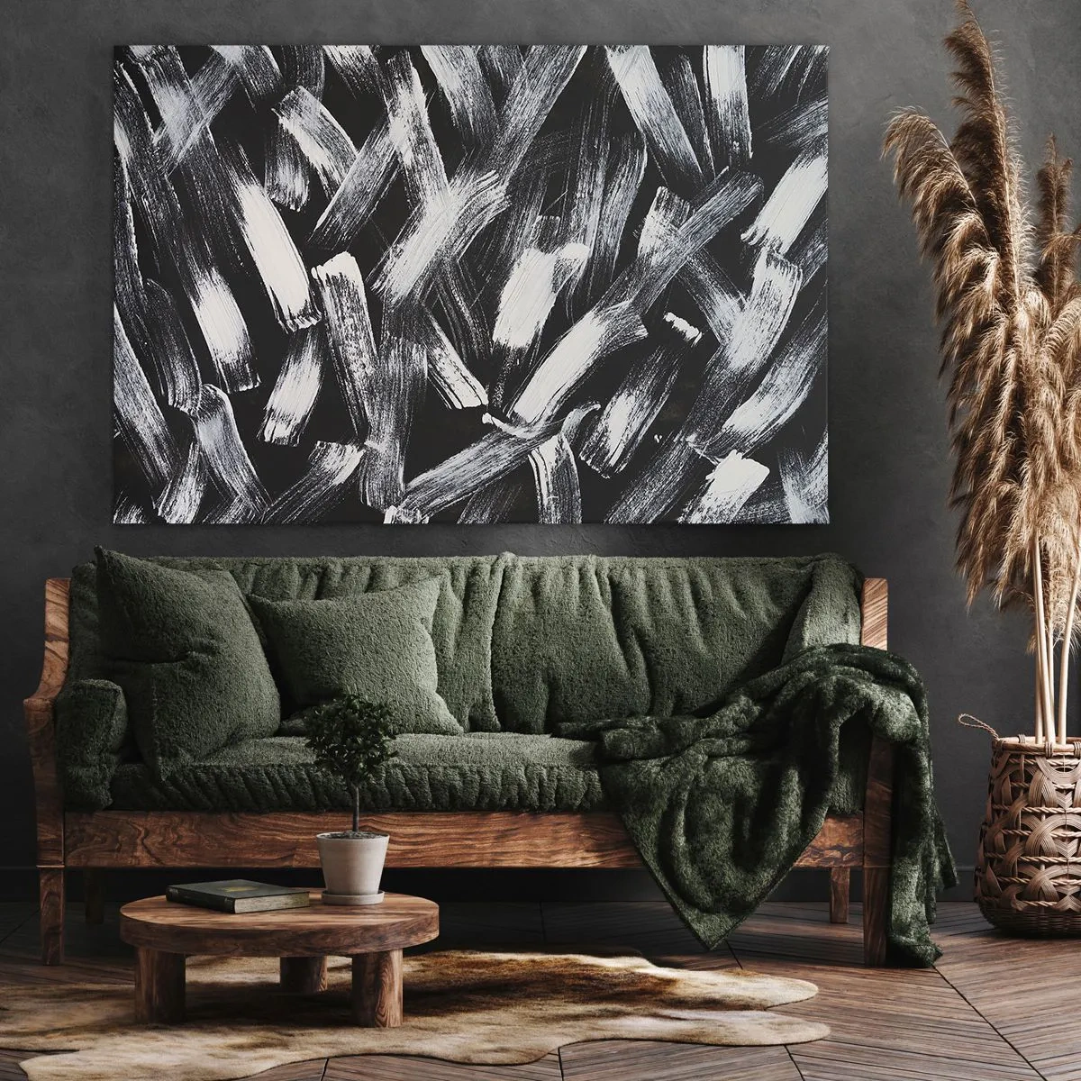 Schilderen op canvas - Dynamische abstractie met witte penseelstreken op een zwarte achtergrond. - 70x50cm - Abstractie in de industriële spirit - Moderne wanddecoratie voor woonkamer en slaapkamer ARTTOR