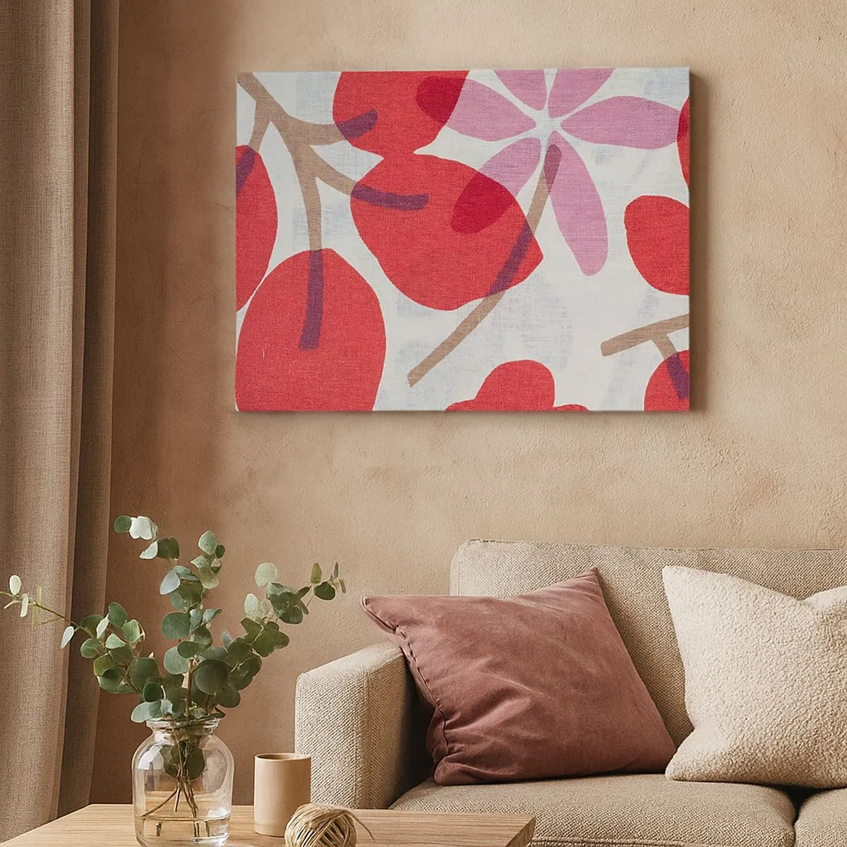 Schilderen op canvas - Bloemen en bladeren in tinten rood en roze - 70x50cm - Bloemstuk in roze - Moderne wanddecoratie voor woonkamer en slaapkamer ARTTOR