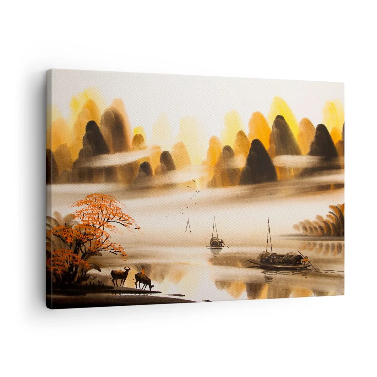 Schilderen op canvas - Een oosters landschap met een rivier, bergen en een zachte mist. - 70x50cm - Verder dan het Verre Oosten - Moderne wanddecoratie voor woonkamer en slaapkamer ARTTOR
