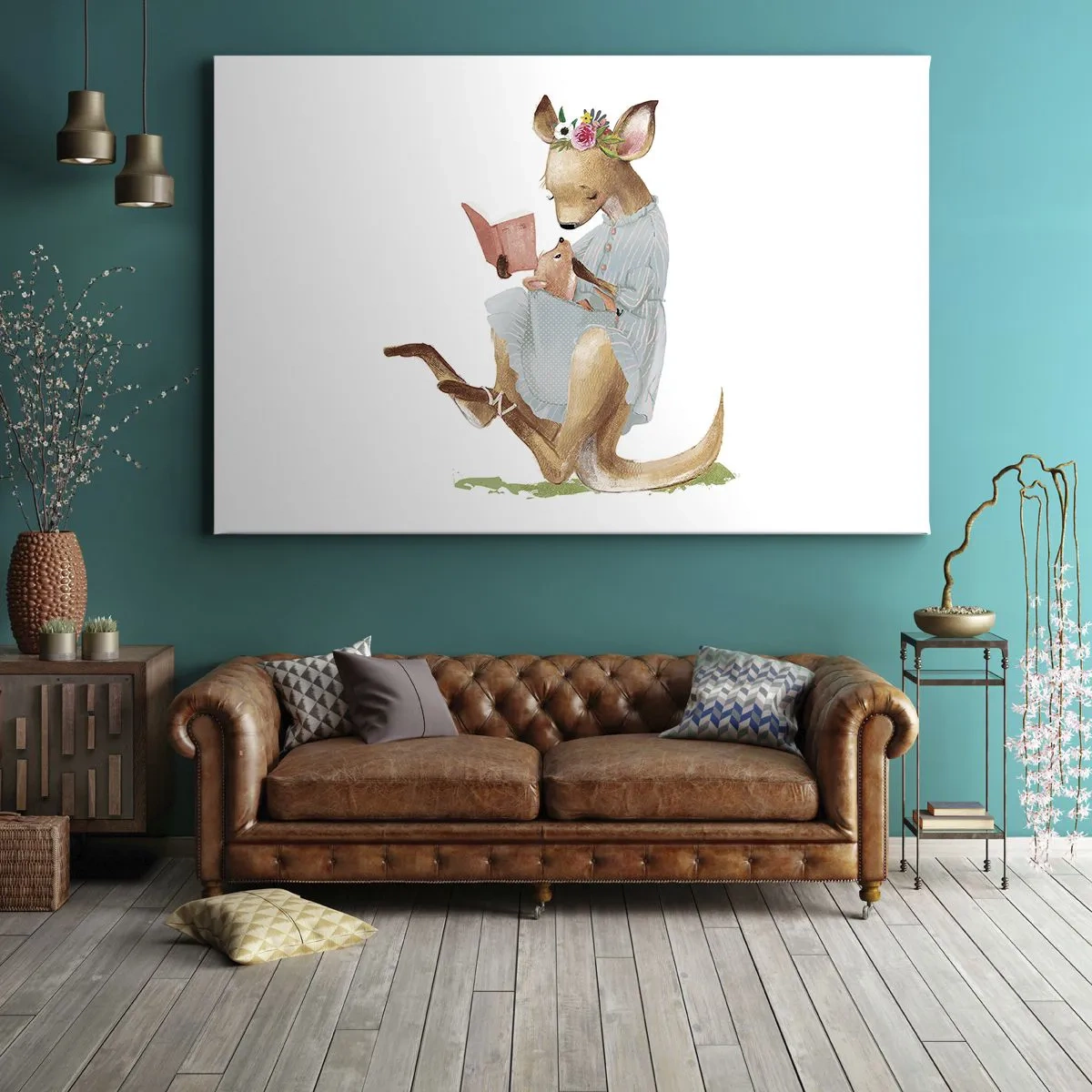 Schilderen op canvas - Kanga leest een boek met een baby - 70x50cm - Lees me voor mama - Moderne wanddecoratie voor woonkamer en slaapkamer ARTTOR