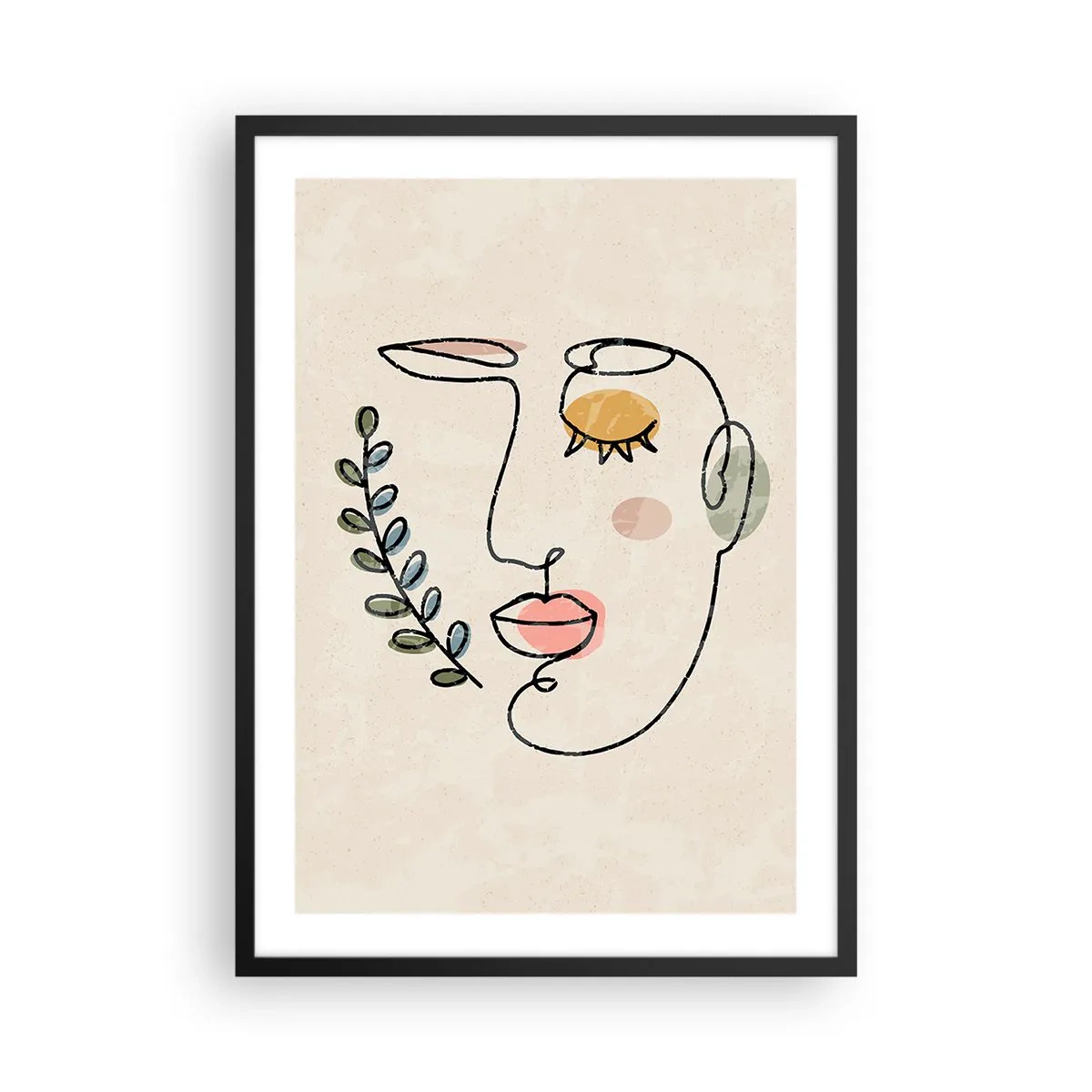 Poster in een zwarte lijst - Minimalistisch lijnenportret van een vrouw op een beige achtergrond - 50x70cm - Vrede gevonden - Moderne wanddecoratie voor woonkamer en slaapkamer ARTTOR
