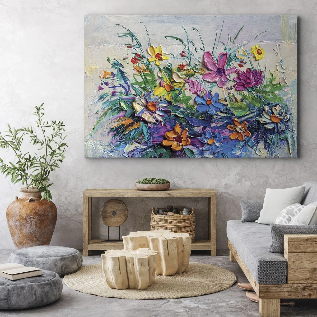 Schilderen op canvas - Een kleurrijk boeket bloemen geschilderd met de impasto-techniek - 70x50cm - Helemaal geen stilleven - Moderne wanddecoratie voor woonkamer en slaapkamer ARTTOR