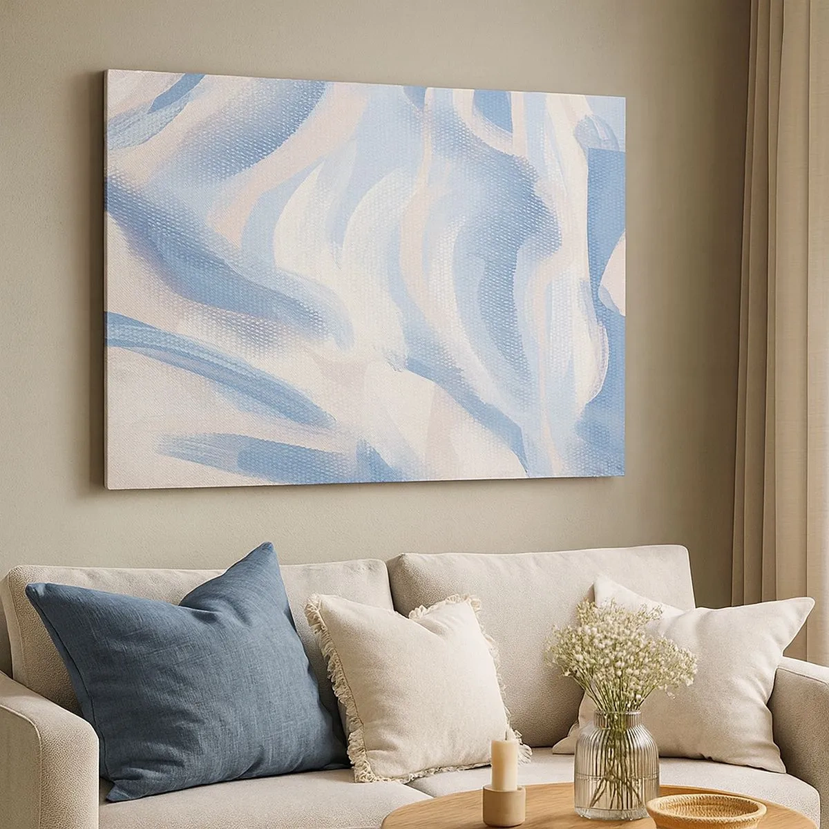 Schilderen op canvas - Abstracte penseelstreken in tinten blauw en beige - 70x50cm - Blauwe golven - Moderne wanddecoratie voor woonkamer en slaapkamer ARTTOR