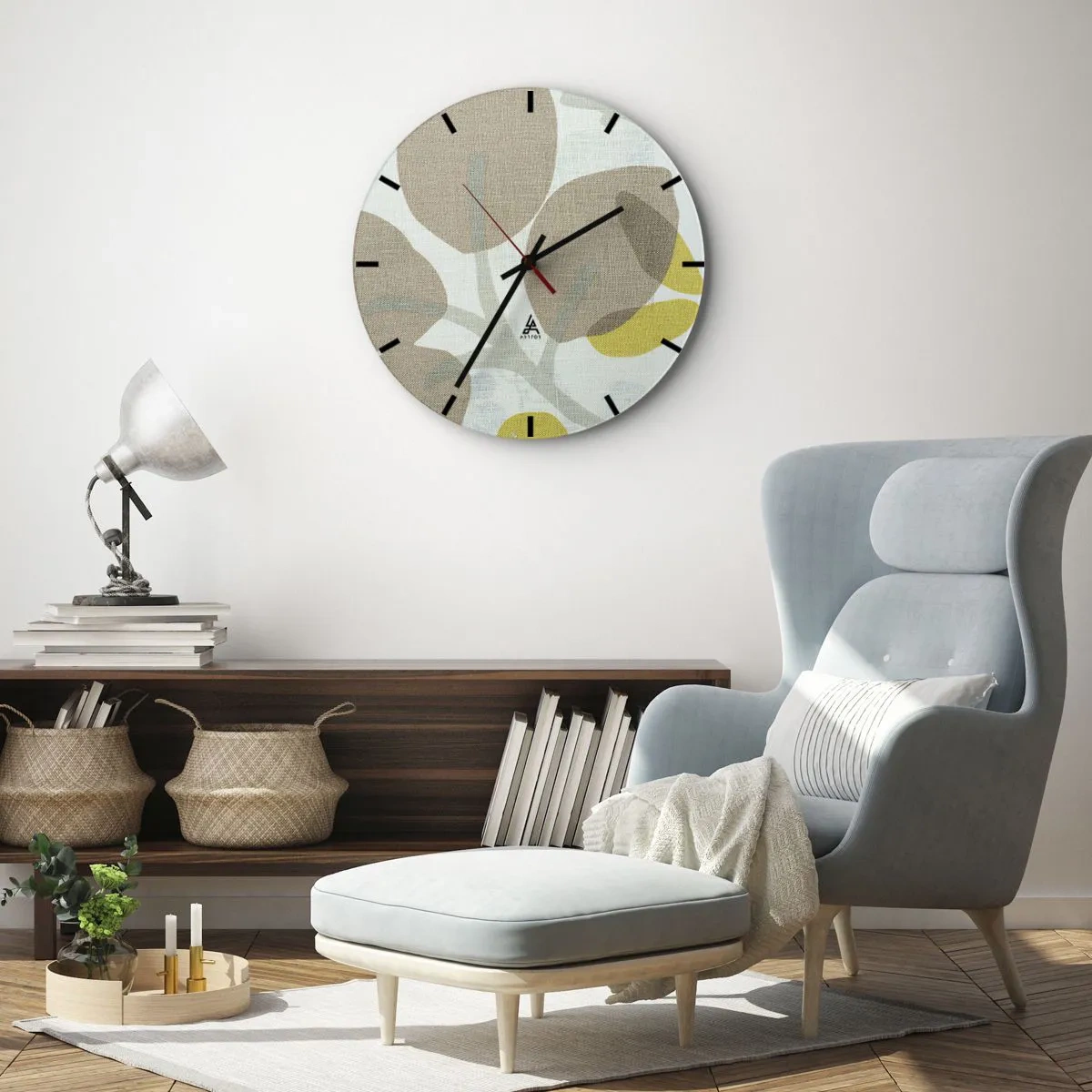 Wandklok - Klok - Pastelkleurige bladeren en gele accenten op een linnenstructuurachtergrond - 30x30cm - Compositie in volle zon - Moderne wanddecoratie voor woonkamer, keuken en slaapkamer ARTTOR