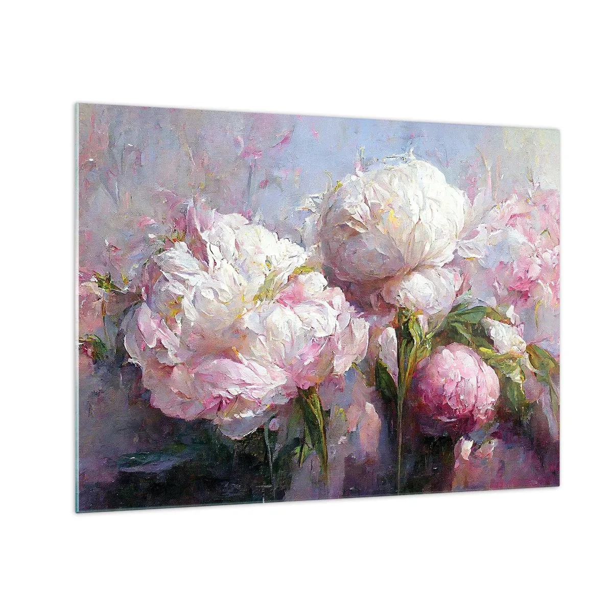 Schilderen op glas - Olieverfschilderij van bloeiende witte en roze pioenrozen - 70x50cm - Een boeket vol leven - Moderne wanddecoratie voor woonkamer en slaapkamer ARTTOR