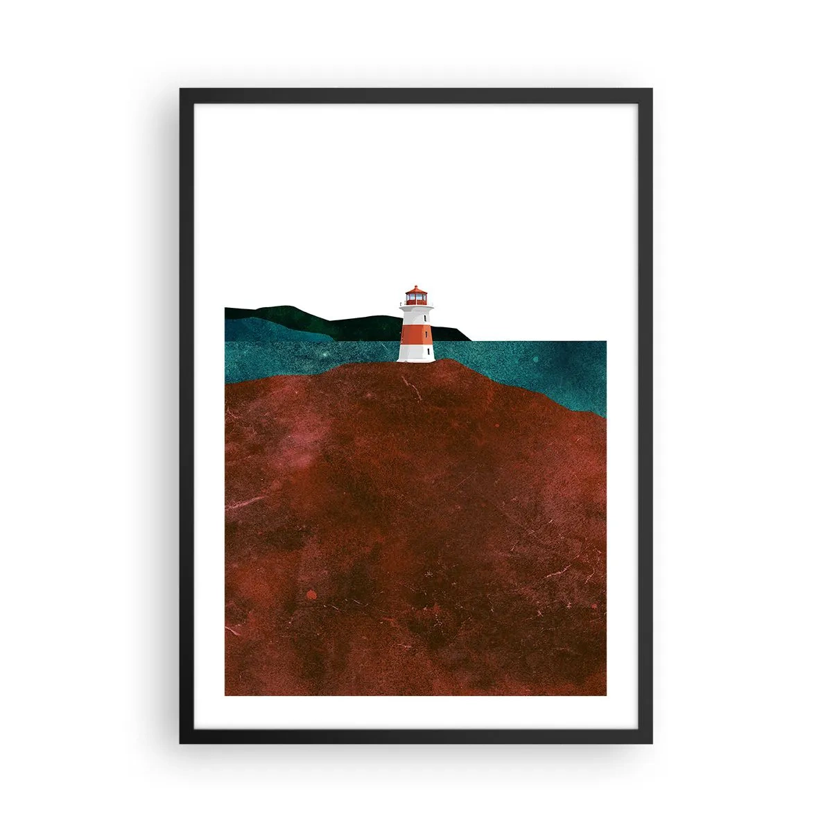 Poster in een zwarte lijst - Een minimalistisch landschap met een vuurtoren op een heuvel - 50x70cm - Starend naar de zee - Moderne wanddecoratie voor woonkamer en slaapkamer ARTTOR