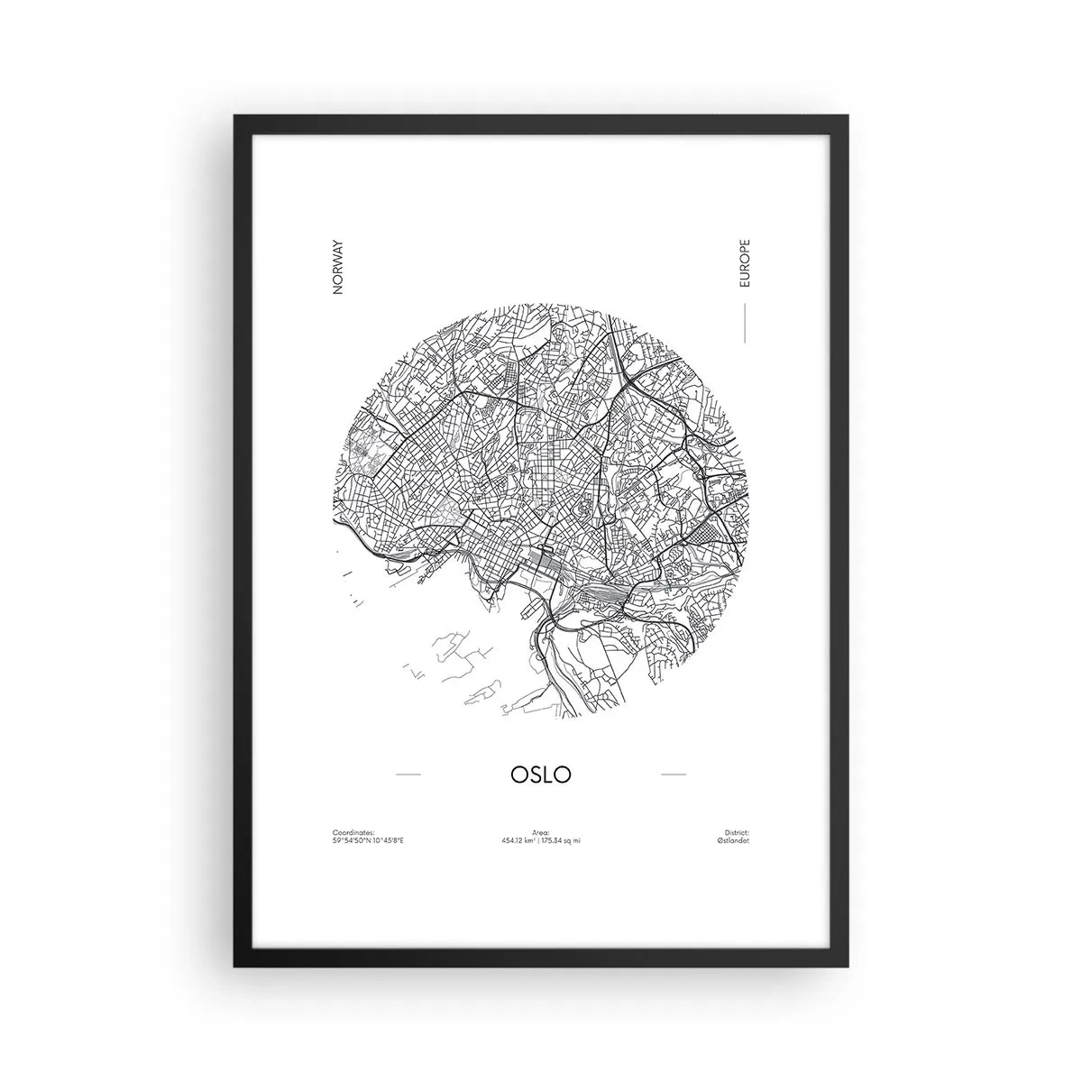 Poster in een zwarte lijst - Een minimalistische zwart-witkaart van Oslo - 50x70cm - Anatomie van Oslo - Moderne wanddecoratie voor woonkamer en slaapkamer ARTTOR