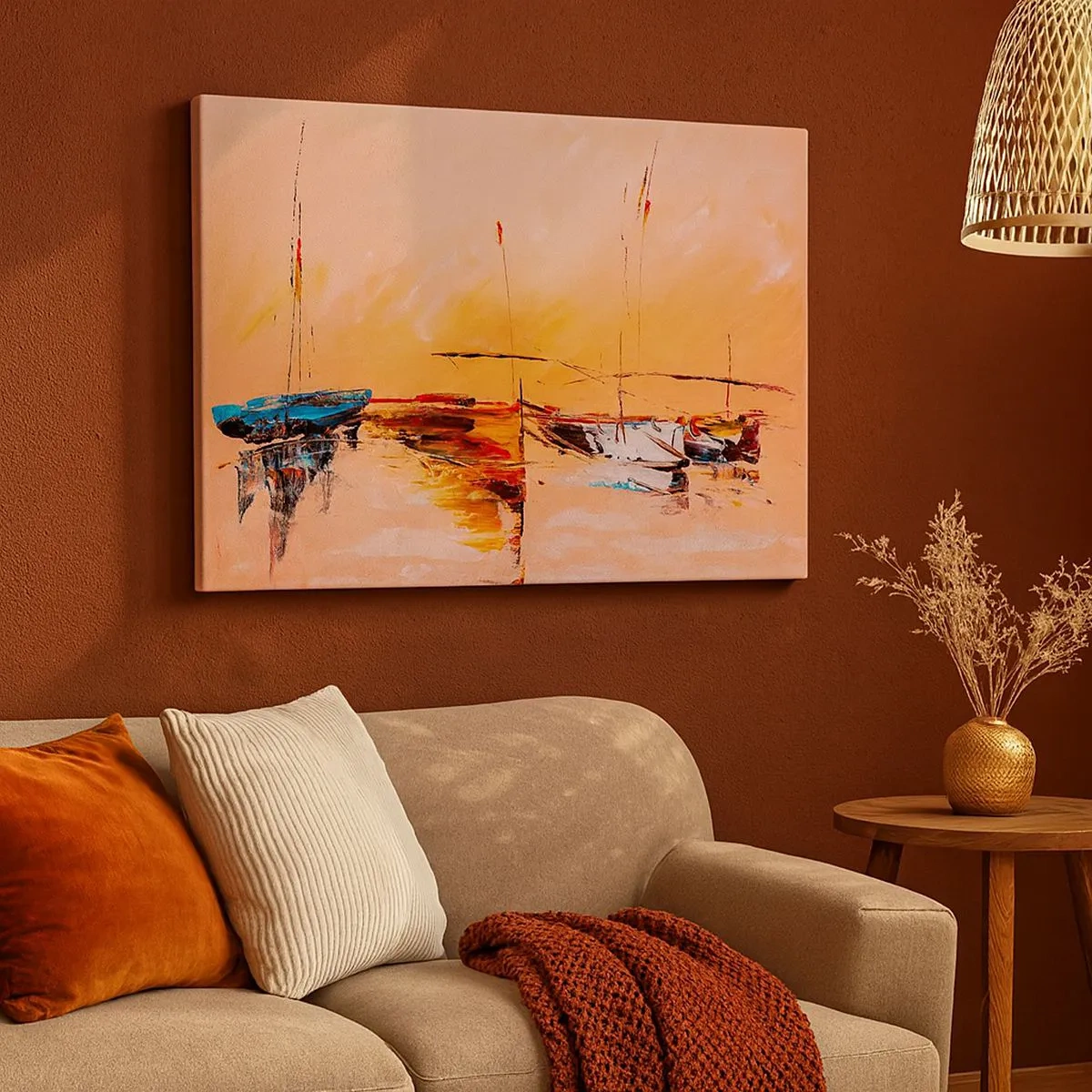 Schilderen op canvas - Kleurrijke boten op kalm water bij zonsondergang - 70x50cm - Avond in de jachthaven - Moderne wanddecoratie voor woonkamer en slaapkamer ARTTOR