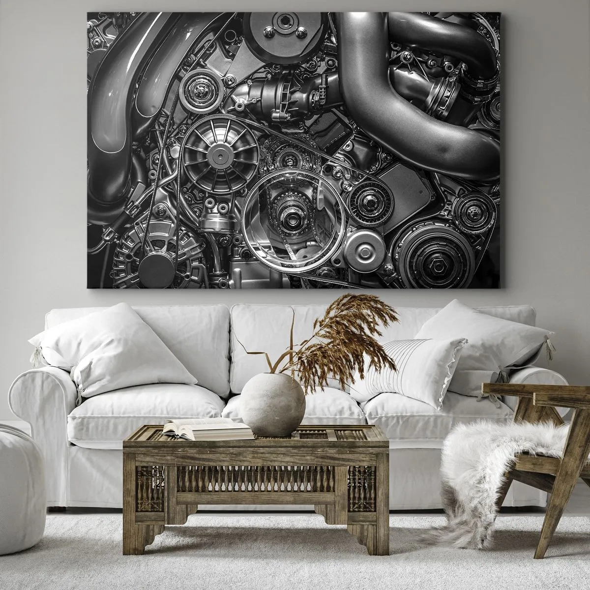 Schilderen op canvas - Zwart-witclose-up van de mechanische details van een automotor. - 70x50cm - De poëzie van mechanica - Moderne wanddecoratie voor woonkamer en slaapkamer ARTTOR