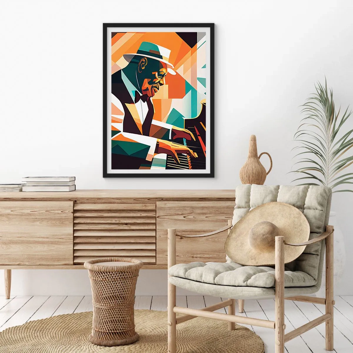 Poster in een zwarte lijst - Abstract portret van een pianist in kubistische stijl - 50x70cm - Al die jazz - Moderne wanddecoratie voor woonkamer en slaapkamer ARTTOR