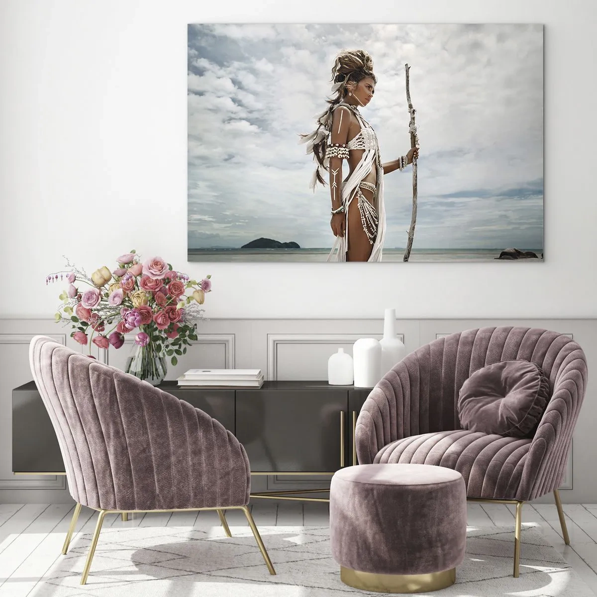 Schilderen op glas - Een exotische figuur tegen het strand en de lucht - 70x50cm - Koningin van de tropen - Moderne wanddecoratie voor woonkamer en slaapkamer ARTTOR