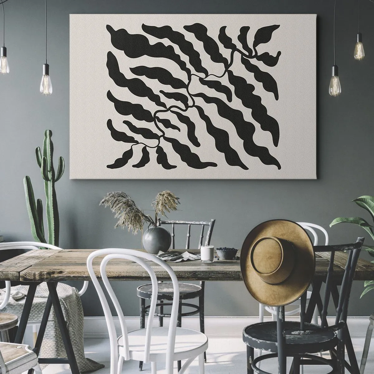 Schilderen op canvas - Takjes met bladeren in zwart op een lichte achtergrond - 70x50cm - Natuur van een vierkant - Moderne wanddecoratie voor woonkamer en slaapkamer ARTTOR