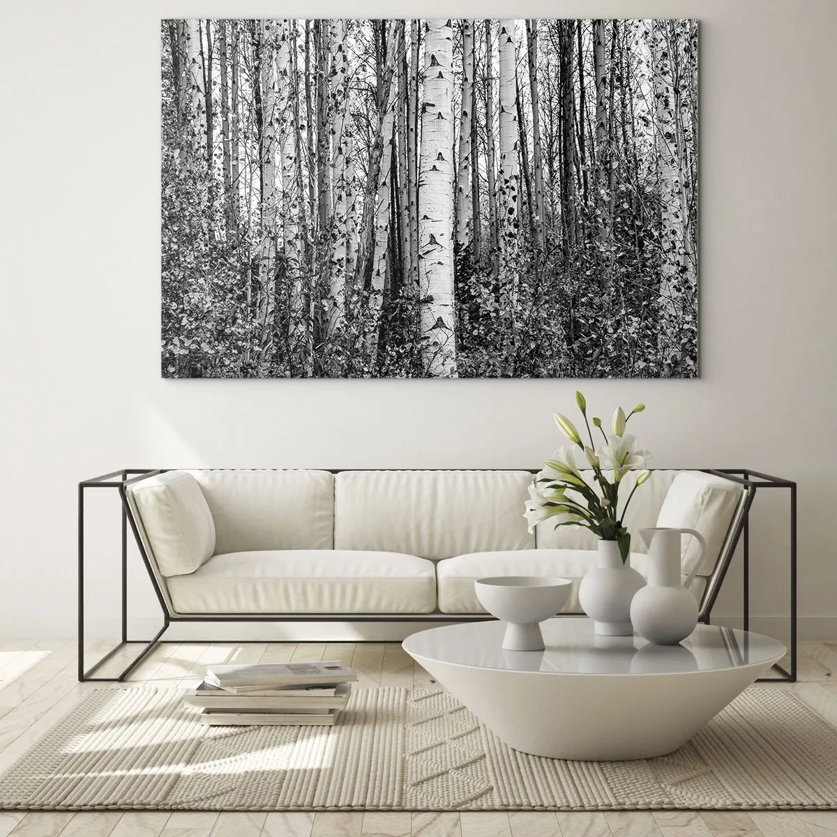 Schilderen op glas - Zwarte en witte berkenbomen creëren een dicht boslandschap - 70x50cm - Berken colonnade - Moderne wanddecoratie voor woonkamer en slaapkamer ARTTOR