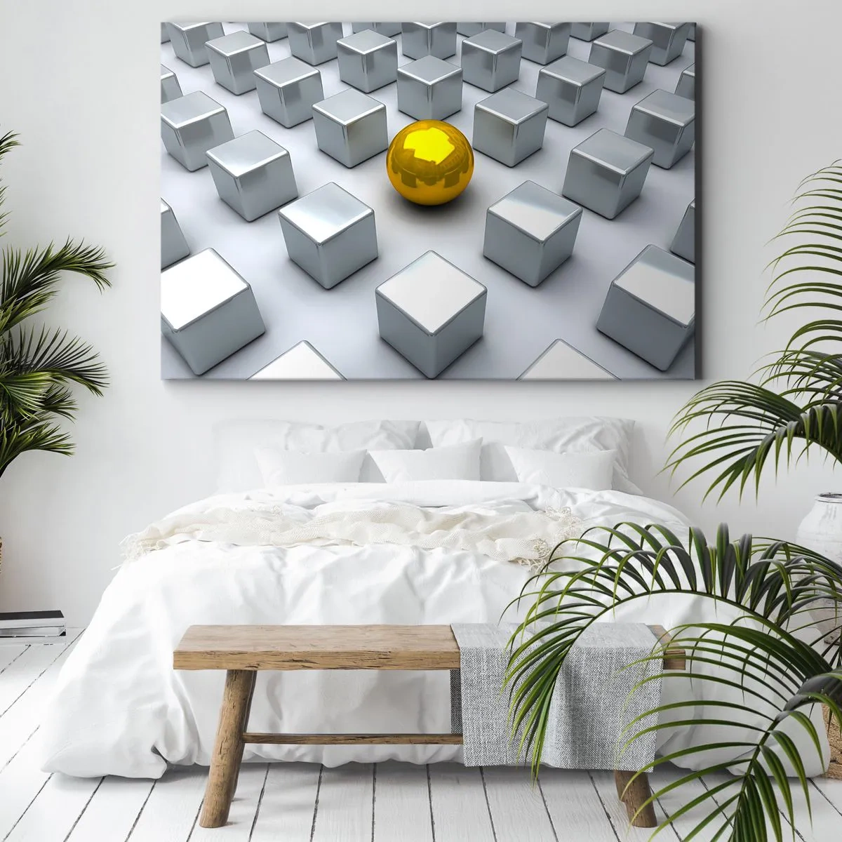 Schilderen op canvas - Een gouden bol die opvalt tussen de zilveren kubussen - 70x50cm - Waarom ik? Geometrische compositie - Moderne wanddecoratie voor woonkamer en slaapkamer ARTTOR