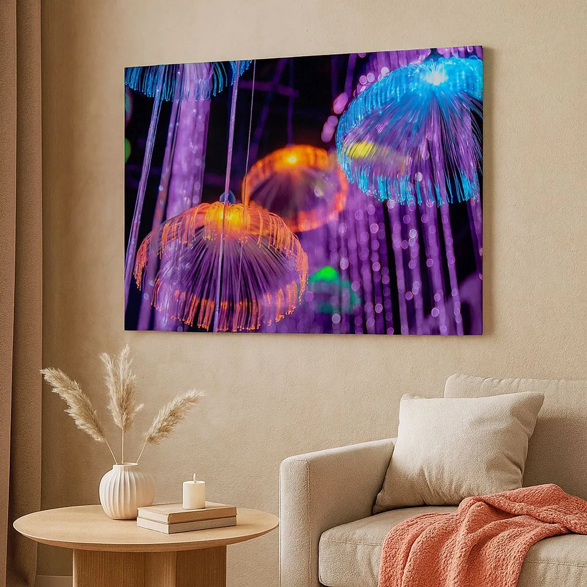 Schilderen op canvas - Kleurrijke lichtgevende kwallen in een donkere omgeving - 70x50cm - Lichte fontein - Moderne wanddecoratie voor woonkamer en slaapkamer ARTTOR