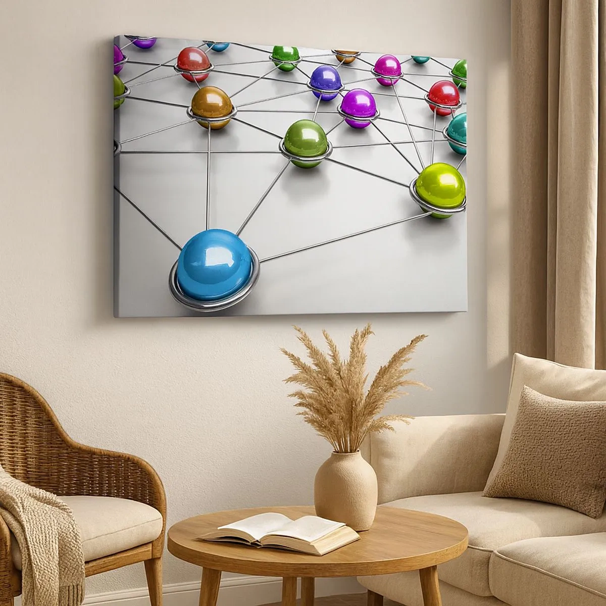 Schilderen op canvas - Kleurrijke ballen verbonden door dunne lijnen op een witte achtergrond - 70x50cm - Kosmisch spinnenweb - Moderne wanddecoratie voor woonkamer en slaapkamer ARTTOR