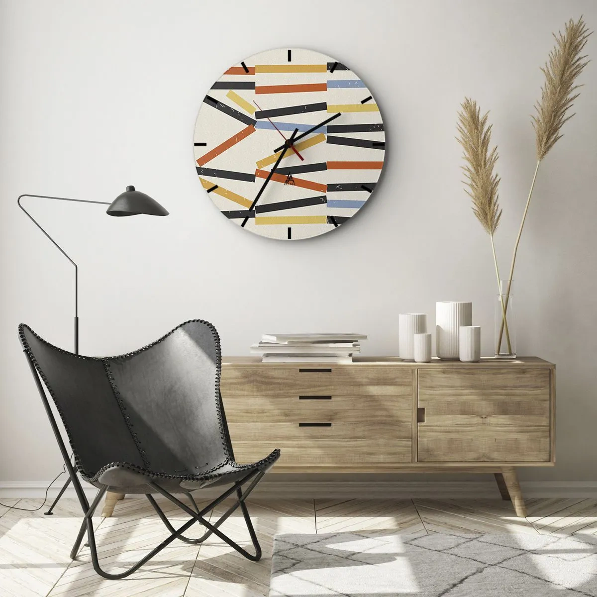 Wandklok - Klok - Gekleurde en zwarte rechthoeken horizontaal gerangschikt op een lichte achtergrond - 30x30cm - Compositie op goed niveau - Moderne wanddecoratie voor woonkamer, keuken en slaapkamer ARTTOR