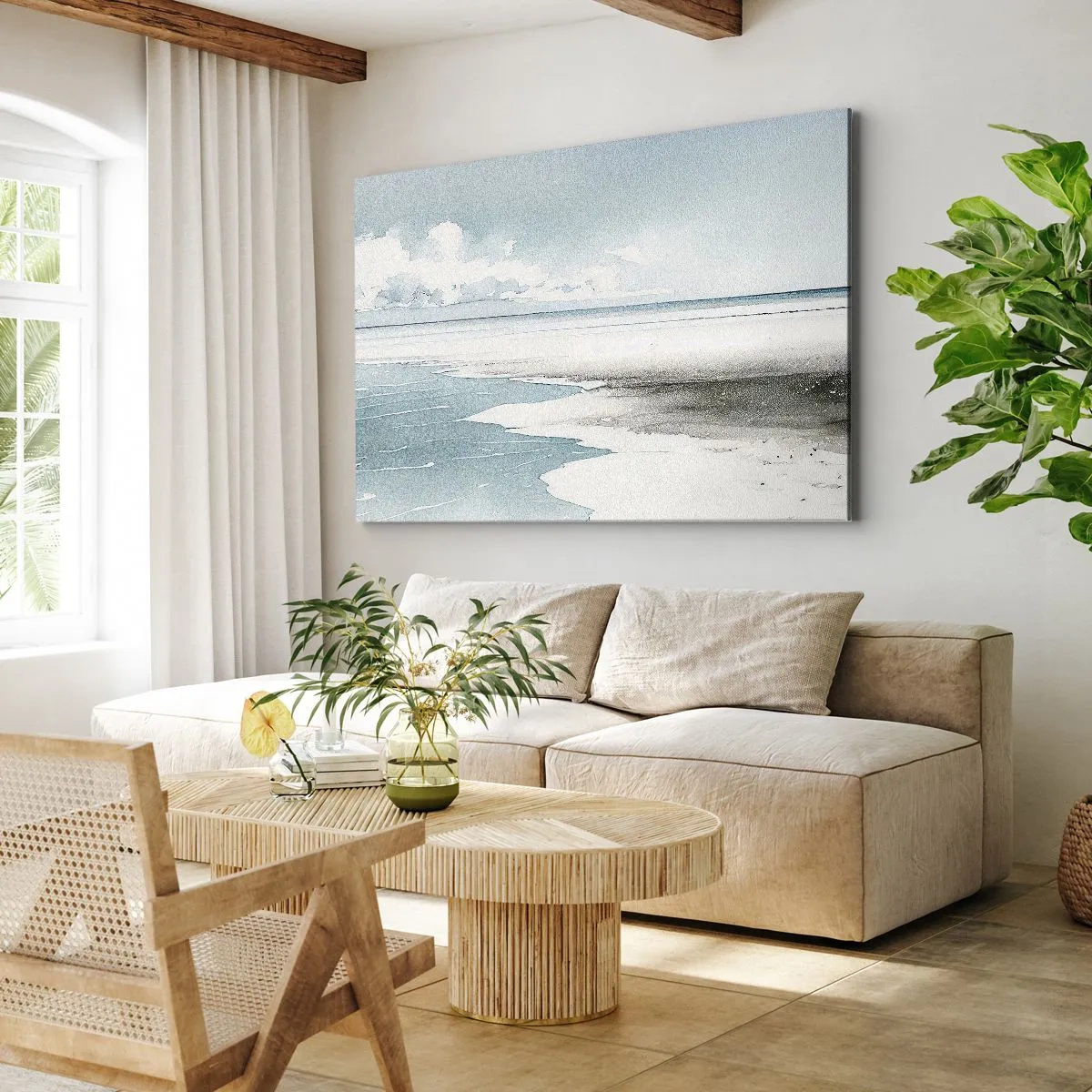 Schilderen op canvas - Een kalme zee en strand in lichte blauwtinten - 70x50cm - Zachte vloed - Moderne wanddecoratie voor woonkamer en slaapkamer ARTTOR
