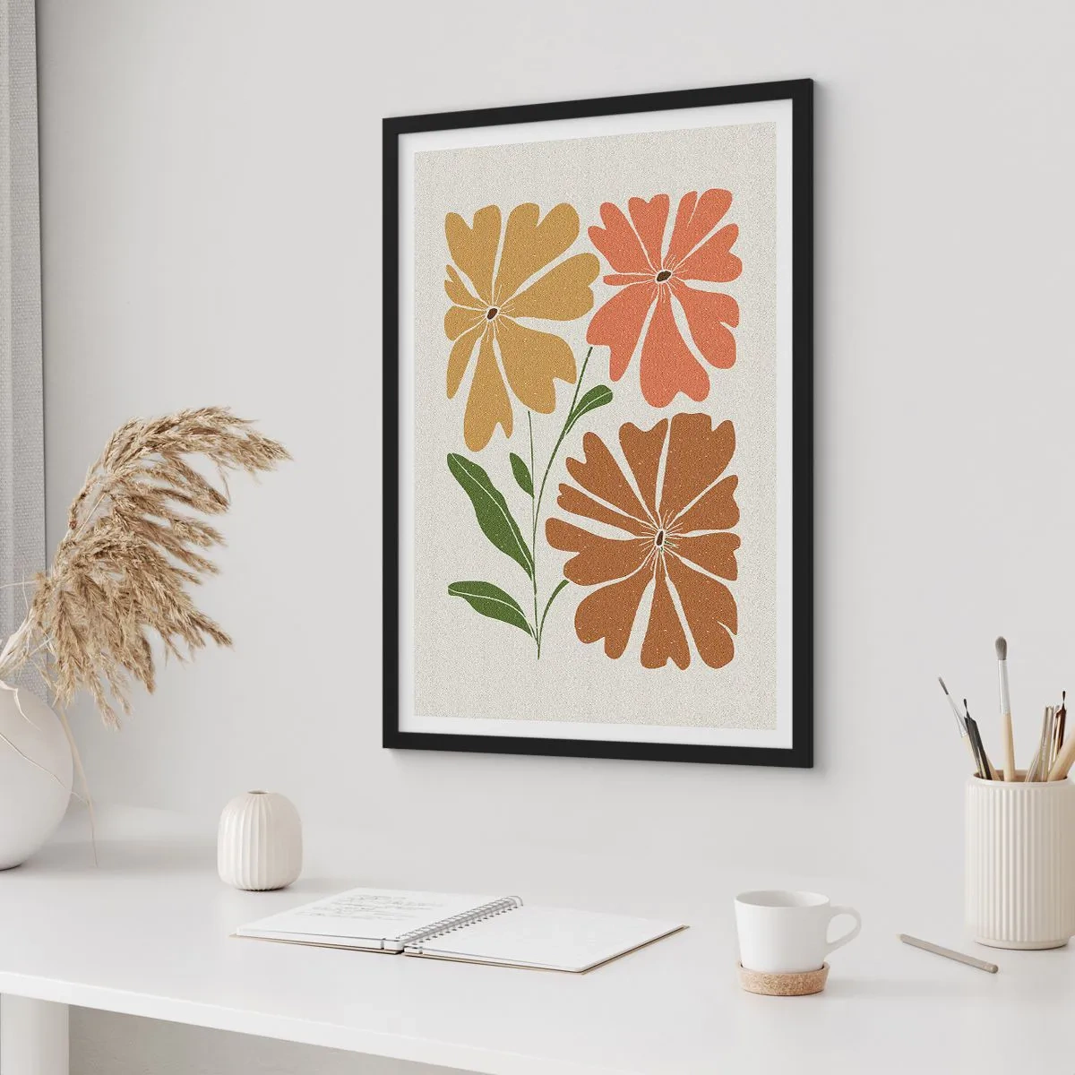 Poster in een zwarte lijst - Minimalistische bloemen in warme tinten - 50x70cm - Natuur en geometrie - Moderne wanddecoratie voor woonkamer en slaapkamer ARTTOR