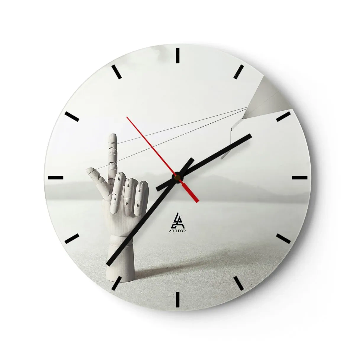 Wandklok - Klok - Een houten hand spant touwen in een surrealistisch landschap. - 30x30cm - Krachttest - Moderne wanddecoratie voor woonkamer, keuken en slaapkamer ARTTOR