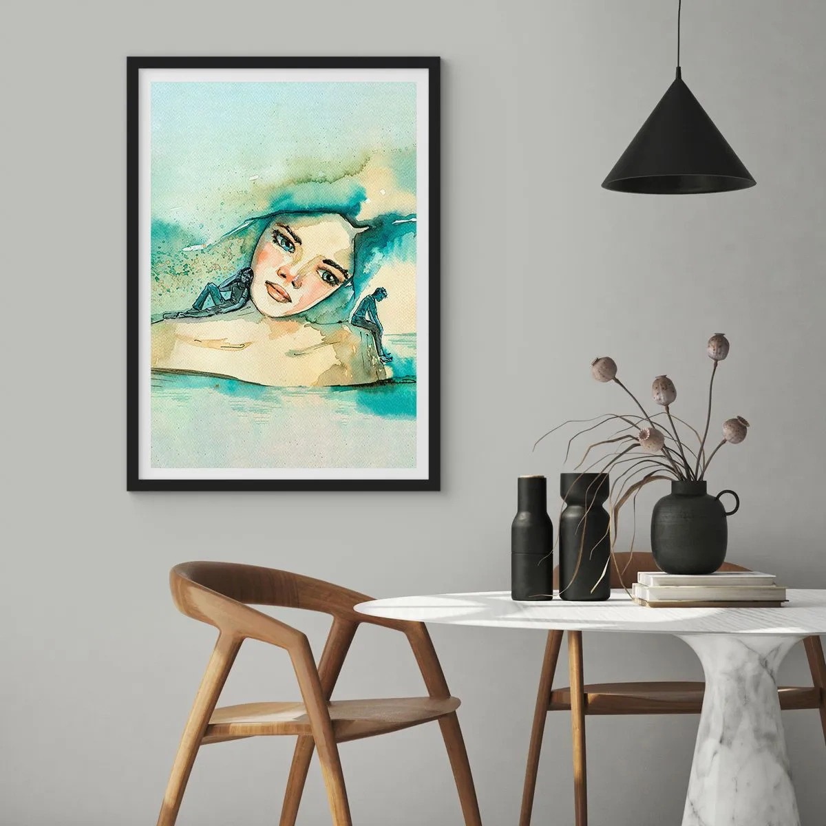 Poster in een zwarte lijst - Portret van een vrouw in artistieke aquarelstijl - 50x70cm - Ben ik blauw? - Moderne wanddecoratie voor woonkamer en slaapkamer ARTTOR