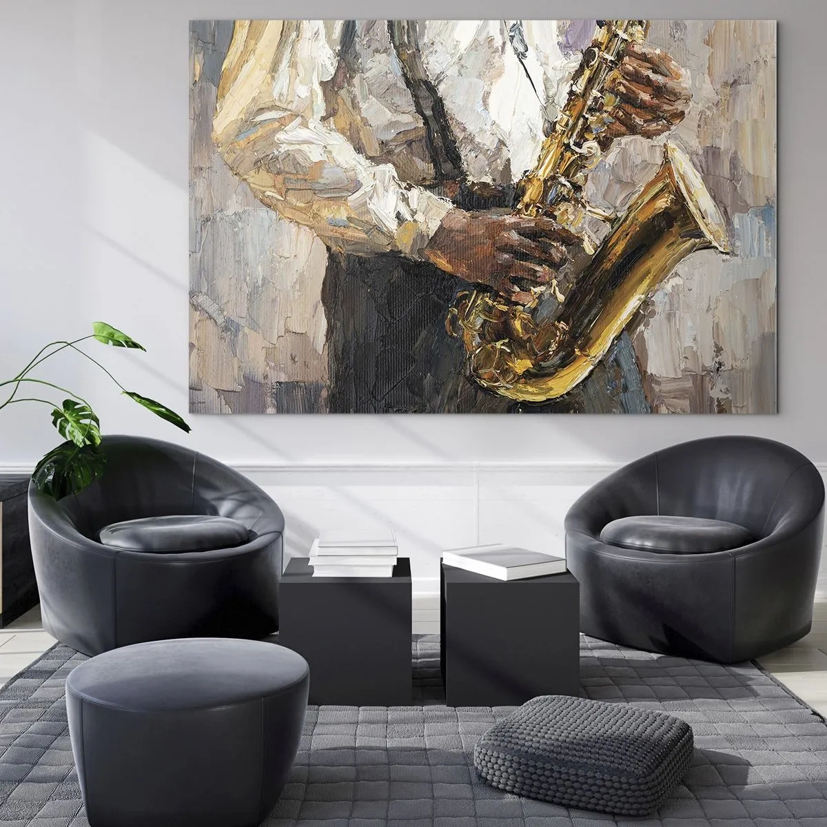 Schilderen op glas - Een muzikant die saxofoon speelt, geschilderd met behulp van de impasto-techniek - 70x50cm - Tijd om te solo te spelen - Moderne wanddecoratie voor woonkamer en slaapkamer ARTTOR