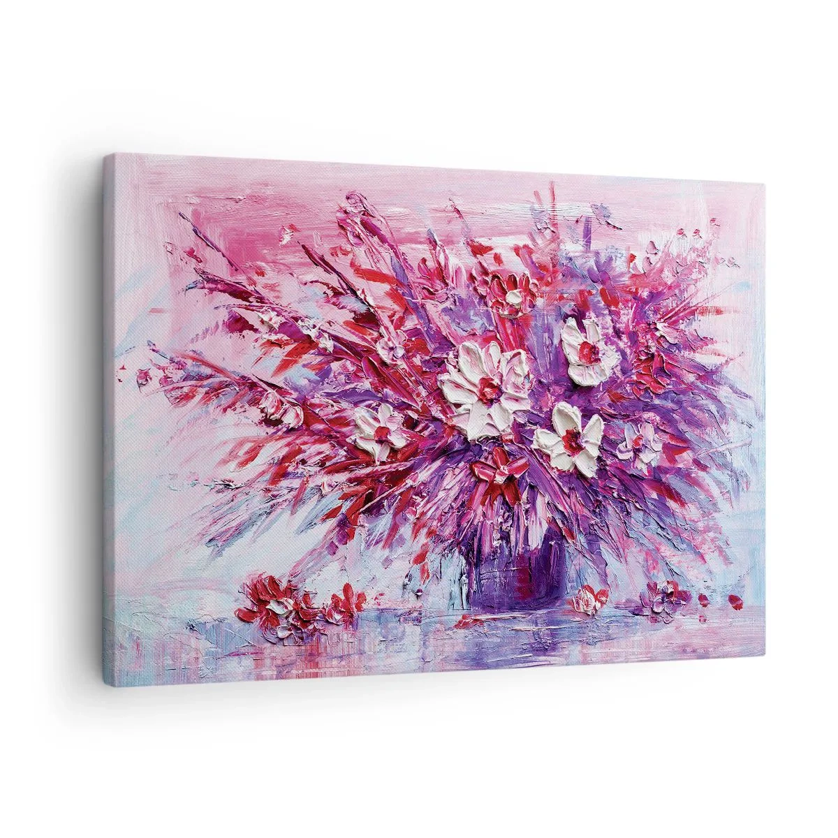 Schilderen op canvas - Een kleurrijk boeket bloemen in tinten roze en paars - 70x50cm - Onschuld en passie - Moderne wanddecoratie voor woonkamer en slaapkamer ARTTOR