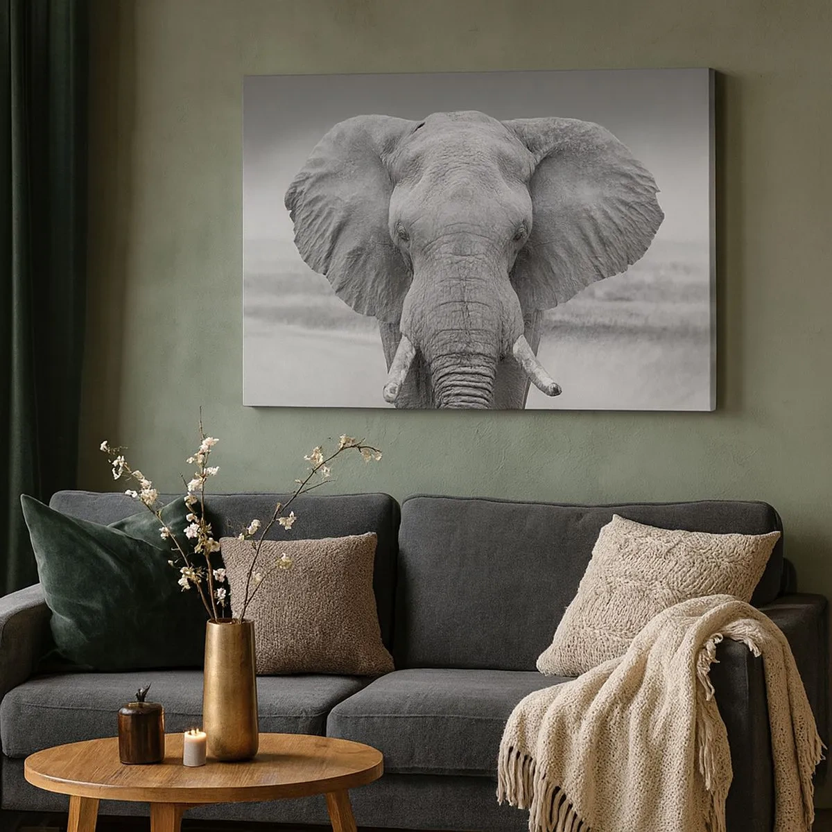 Schilderen op canvas - Portret van een olifant in zwart-wit - 70x50cm - Welkom in mijn wereld - Moderne wanddecoratie voor woonkamer en slaapkamer ARTTOR