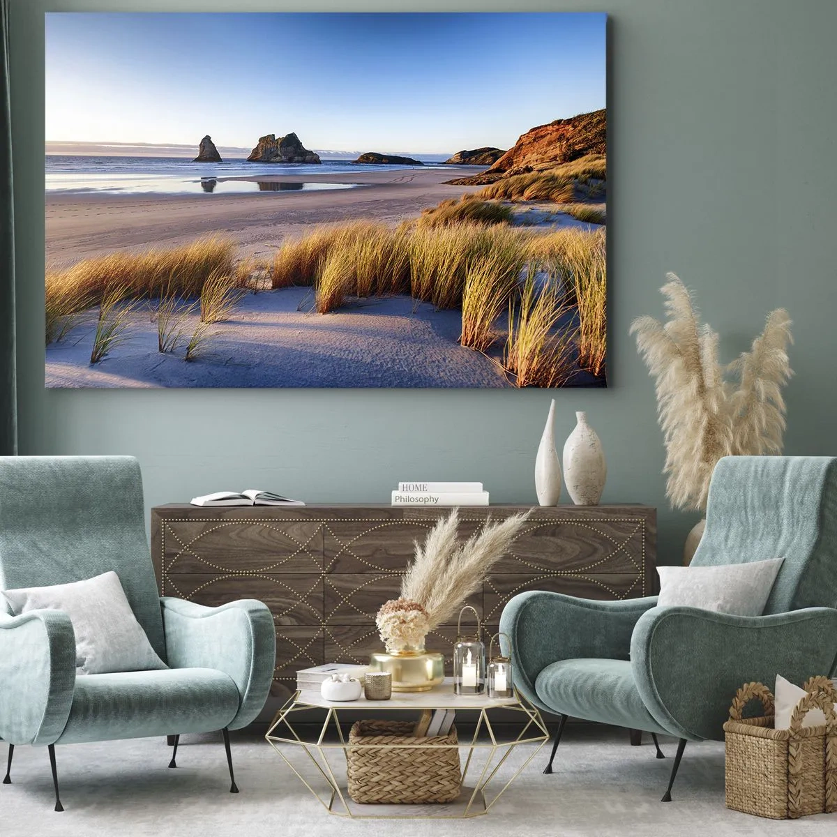 Schilderen op canvas - Een pittoresk strand met uitzicht op de rotsen en de zee bij zonsondergang - 70x50cm - Voor rustzoekers - Moderne wanddecoratie voor woonkamer en slaapkamer ARTTOR